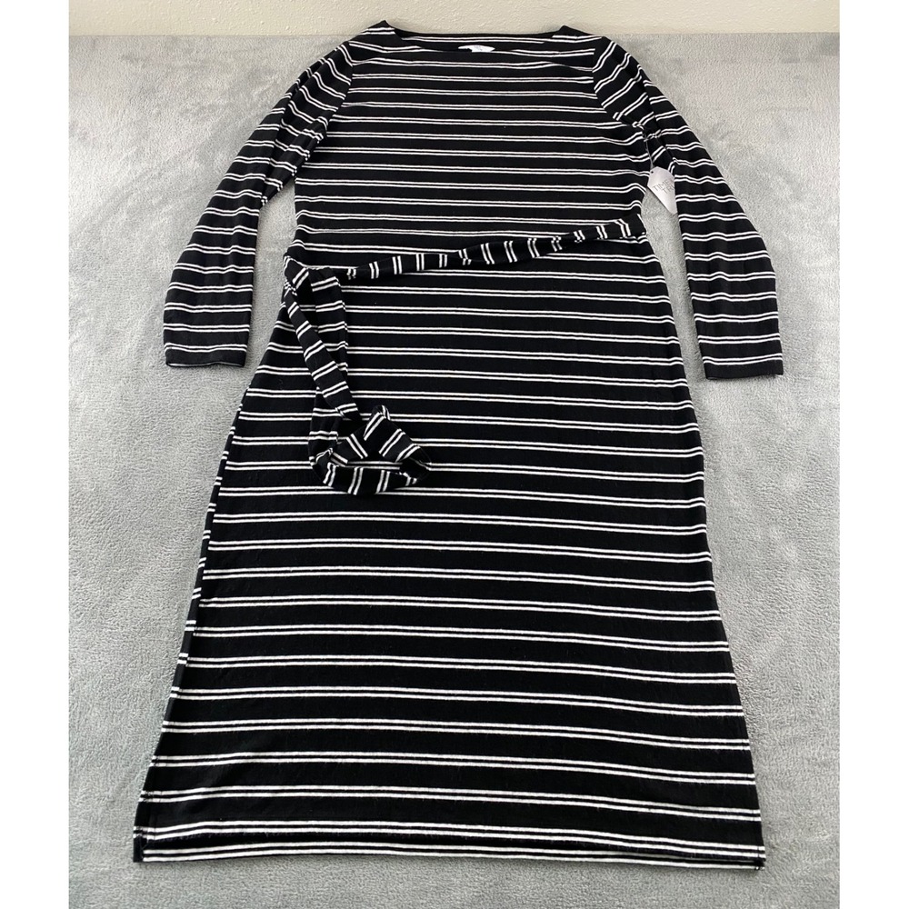 Time and Tru Womens Black‎ White Striped Hacci Knit Long Slv Belted Dress L NEW